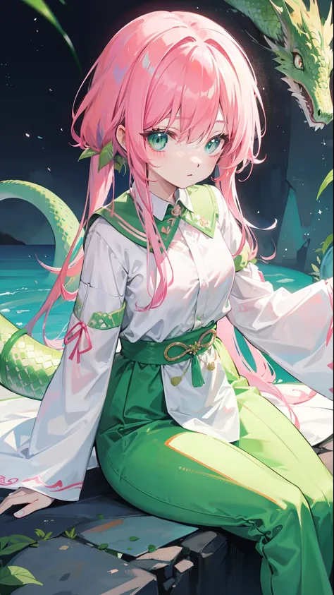 Contains pink hair and green color，White and green plain clothes，It is a beautiful snake and dragon fairy