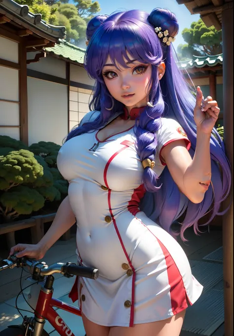 (shampoowaifu: 1), lindo, sonrisa, pose casual, cabello lila,  provocativa,ojos desafiantes, ojos brillantes, traje largo chino, vestido rojo, montando bicicleta, repartiendo comida a domicilio 

(realista: 1.2), (realismo), (obra maestra: 1.2), (mejor cal...