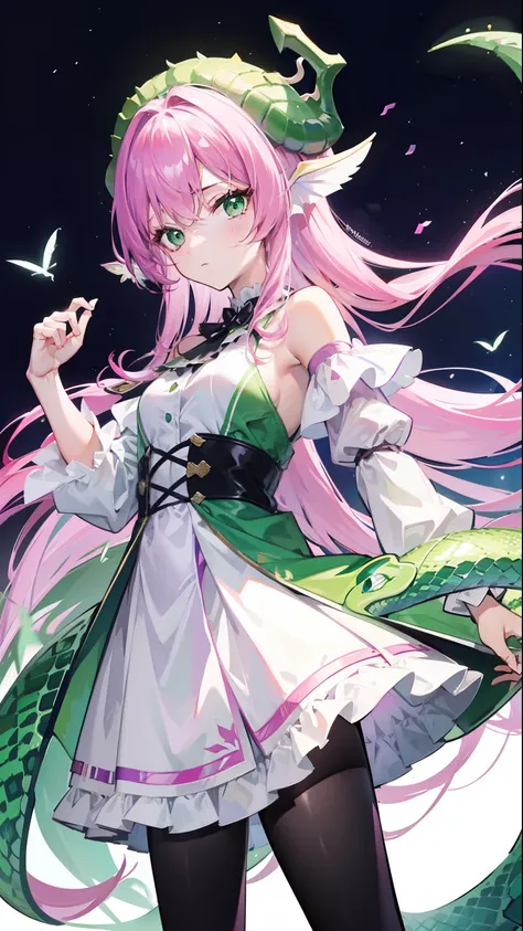 Contains purple-pink hair and green，White and green plain clothes，It is a beautiful snake and dragon fairy