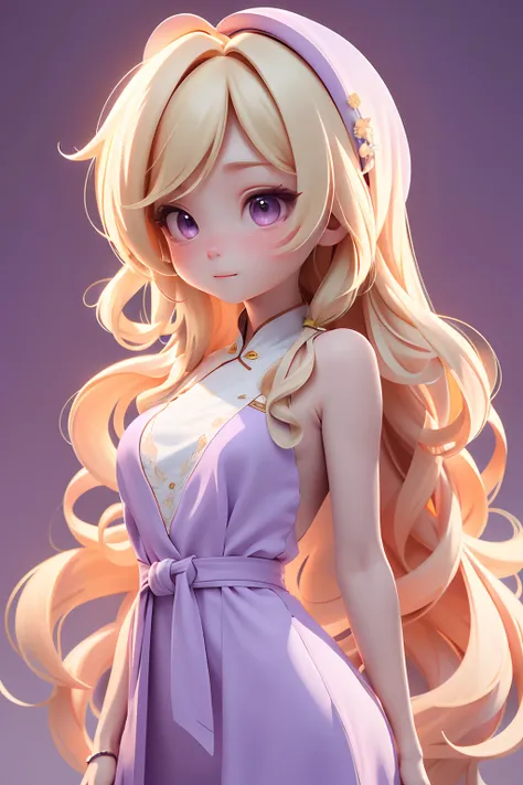 Masterpiece, Best quality, 8K, Cinematic light, 超高分辨率, tchibi,simplebackground, 1girll,full bodyesbian,Frenchman，long whitr hair，Blonde hair，lady，Purple dress