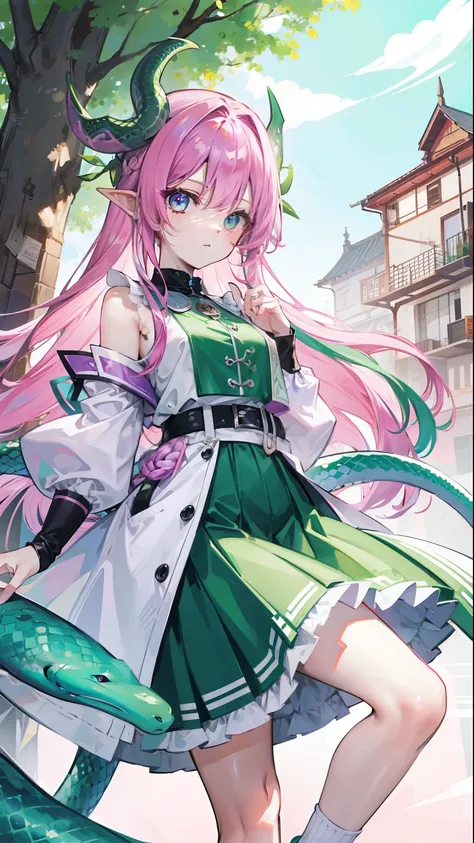 Contains purple-pink hair and green，White and green plain clothes，It is a beautiful snake and dragon fairy