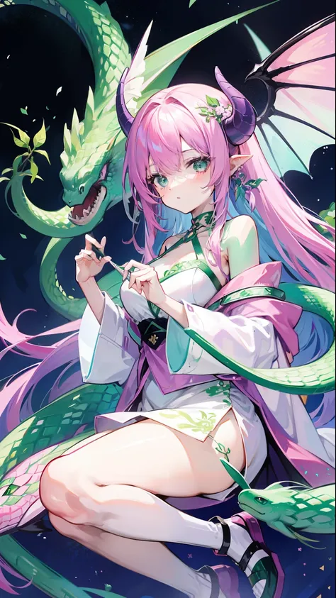 Contains purple-pink hair and green，White and green plain clothes，It is a beautiful snake and dragon fairy