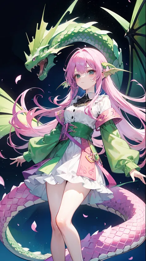 Contains purple-pink hair and green，White and green plain clothes，It is a beautiful snake and dragon fairy