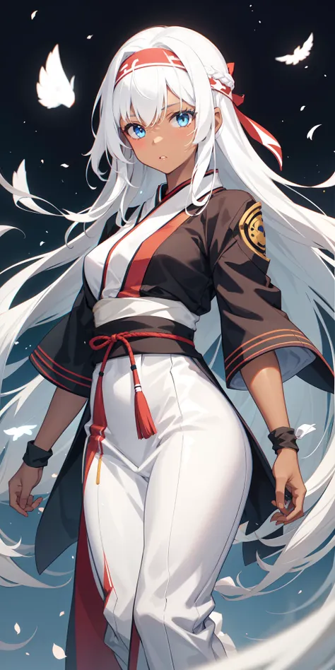 1 girl, brown skin, long white hair, blue eyes, white ninja headband, white ninja uniform, Yamato