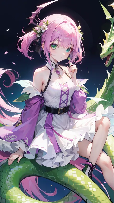 Contains purple-pink hair and green，White and green plain clothes，It is a beautiful snake and dragon fairy