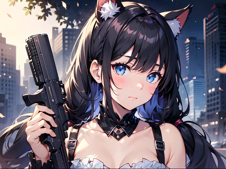 (masterpiece, best quality:1.3), 1girl, solo, animal_ears, deep_blue_eyes, low twintails, closed mouth, cat_ears, (black_hair:1.5), blush, animal_ear_fluff, side viewer, long_hair, bangs, torn clothes, upper_body, in Apocaylpse, carrying long gun, upper_bo...