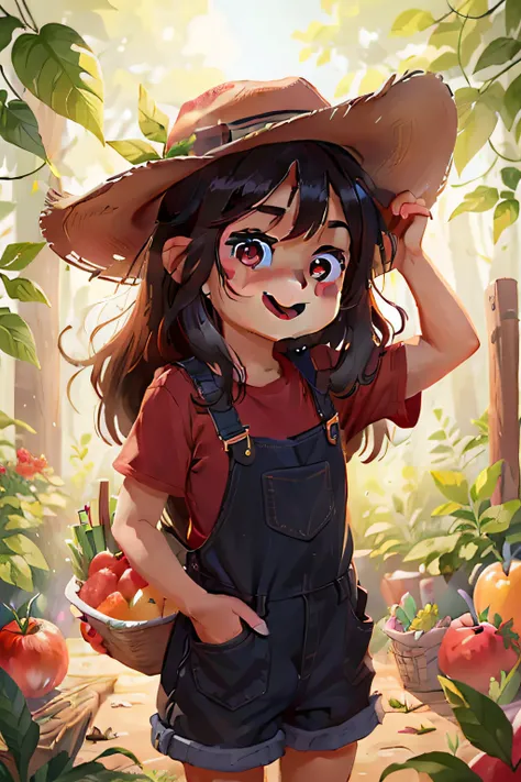 a girl, age 6, with long black hair, vibrant brown eyes, wearing overalls, cowboy boots, cowboy hat and red T-shirt, carrying a basket of fruits and vegetables, smilling