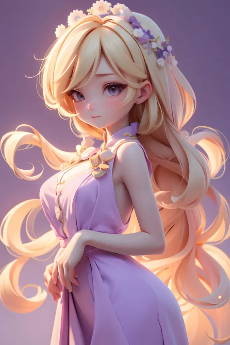 Masterpiece, Best quality, 8K, Cinematic light, 超高分辨率, tchibi,simplebackground, 1girll,full bodyesbian,Frenchman，long whitr hair，Blonde hair，lady，Purple dress