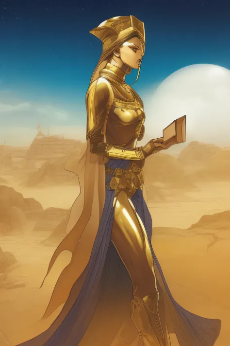 "masterpiece: an assertive, gold and porcelain female cyborg with a serious face, holding a book in one hand, wearing a veil ins...