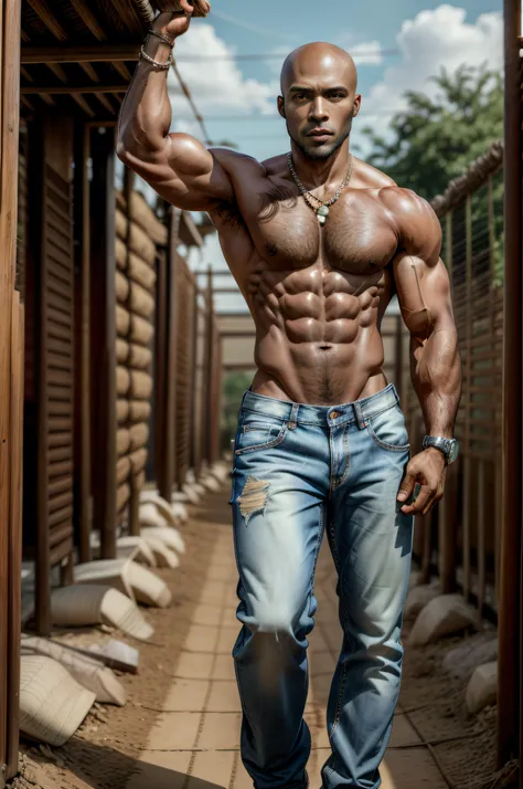 Full body image of an extremely handsome African American man (42 yr old), standing pose, wearing only jeans, bald head, no shirt, muscles, hazel eyes, gazing seductively at the camera, (masculine features)