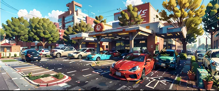 rendering of a car park with a lot of cars parked in front of it, gas station, vue 3d render, front perspective, vue render, transportation design render, v-ray render, v - ray render, artistic render, rendered in lumion pro, cg rendering, render, lumion r...