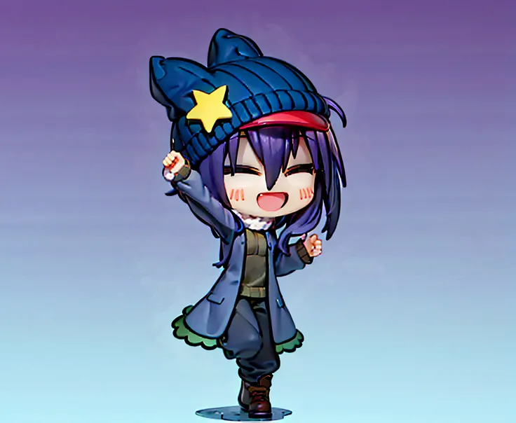 high res, high quality, ultrasharp, 8K, masterpiece, girl, with long dark purple hair, wearing a brown sweater, long winter pants, happy expression.