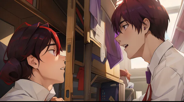 A 15-year-old red-haired boy, purple skin, Hes in the classroom telling his best friend a sad story.....