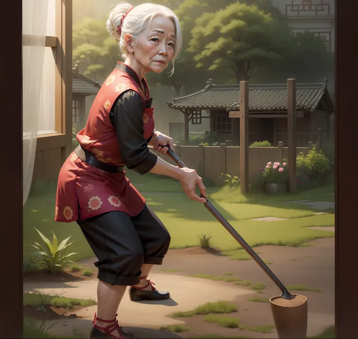 Granny, holding hoe, garden, no glasses, Chinese skin, sunny, full color, realistic, no smile