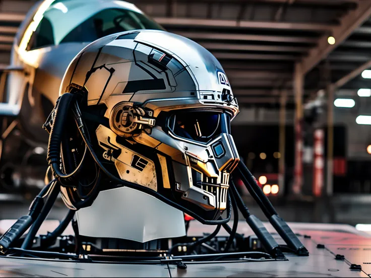 el piloto sostiene un casco de combate en la mano en el asfalto.，get ready to board a high-tech flying fighter jet，science ficti...