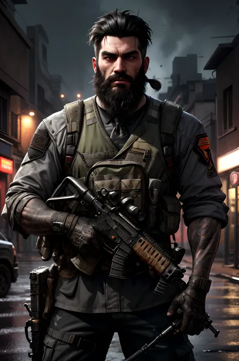 black haired guerrilla with worn black uniform and assault vest, uses assault rifle, beard, ruined background, realistic, stylish, hdr, intricate details, hyperdetailed, cinematic, rim light, danger atmosphere, noir, night, red light, dark street, rain, 4k