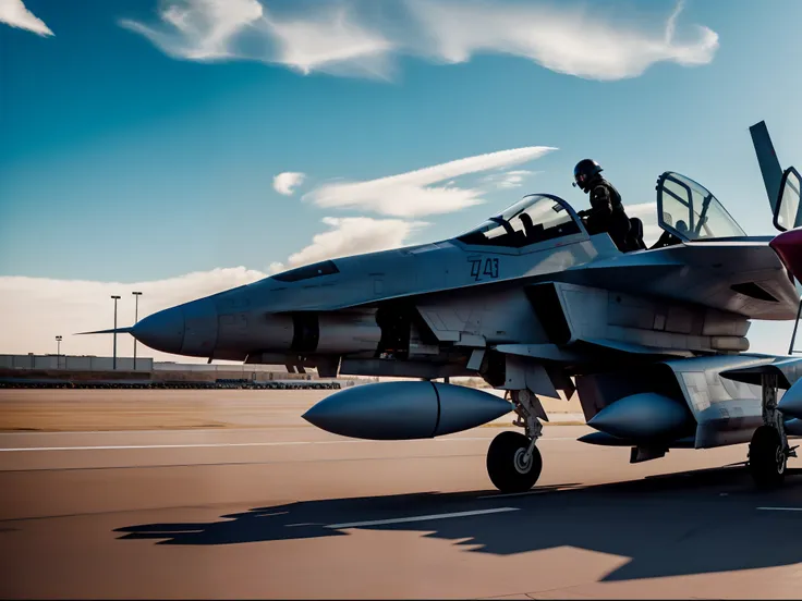 el piloto sostiene un casco de combate en la mano en el asfalto.，get ready to board a high-tech flying fighter jet，science ficti...