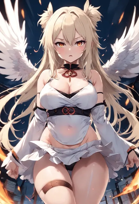 japanese anime style。illustratio。Dark Fantasy。White feathers。girl with。a blond。undergarment。natta。battle field。Colossal tits。pubick hair。teats。a miniskirt。A little angry。all-fours。