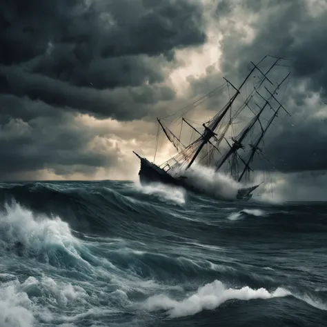 {Generate an Image of} a powerful and turbulent storm engulfing a vast expanse of ocean, with waves crashing against a ship that finds itself caught within the eye of the storm. The scene is characterized by dark and menacing clouds that dominate the sky, ...