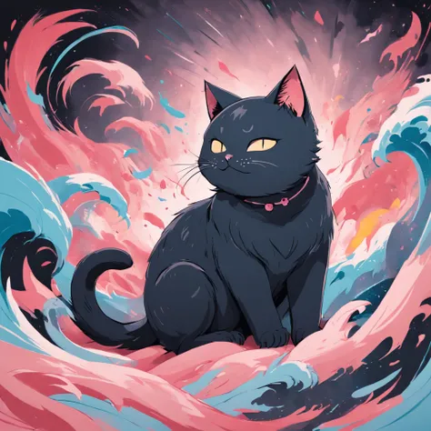 Cat in art, Yawn loudly、leisure、Main color Black, Secondary color cyan, Pastel pink background, artistic, Sophisticated, Warm style, Shapes include abstract cats, Playful forms, Elegant piece, Textures include fur textures, Smooth paint, Fabric texture, Th...