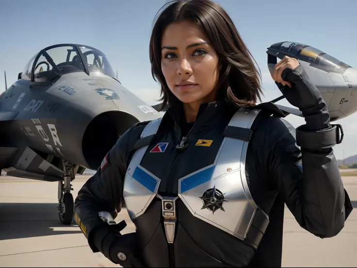 El piloto sostiene un casco de combate en la mano en el asfalto.，Get ready to board a high-tech flying fighter jet，Science fiction livery，High-tech weapons of war，Lleno de esperanza，Epic sense，authentic
Filming，Fuerte realismo