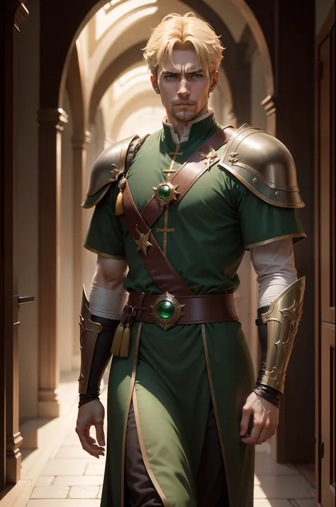 realistic 8k image of a handsome 30-year-old man, blond with short hair, strong, green eyes, dressed in dark cleric clothes and with dark green shoulder pads warrior rpg style, irritated expression, walking in a wide corridor of a royal palace , anime styl...