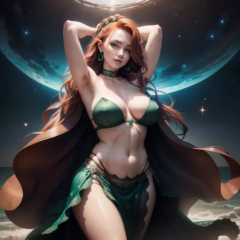 best quality, masterpiece, upper body,
(adult:1.6) hungarian woman, (smirk:0.4), arms behind head,
braided auburn hair,
emerald eyes,
cosmic strapless dress,
 floating light particles, centered,