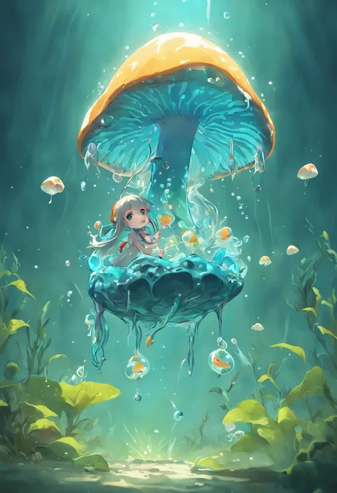 A whimsical illustration of a charming mushroom-inspired slime, blue_slime, masterpiece, fish, rhinestone, wm, b&m, vines, colored skin, realistic, highres, 3d-rendering, clear, fish swimming inside, skin_tone_slime_blue, gills, fins, web fingers, deep sea...