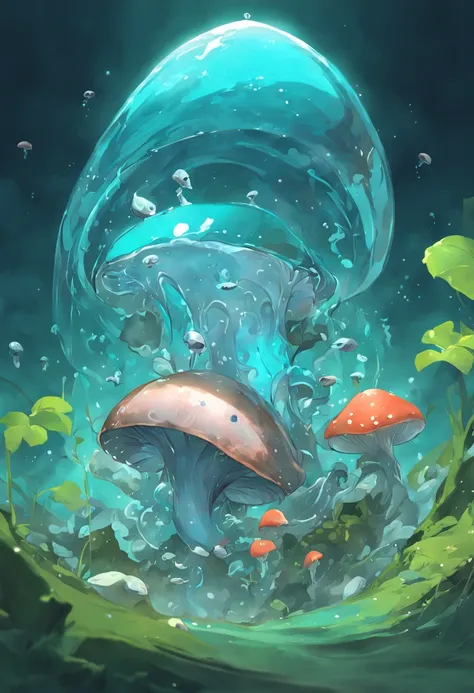 A whimsical illustration of a charming mushroom-inspired slime, blue_slime, masterpiece, fish, rhinestone, wm, b&m, vines, colored skin, realistic, highres, 3d-rendering, clear, fish swimming inside, skin_tone_slime_blue, gills, fins, web fingers, deep sea...