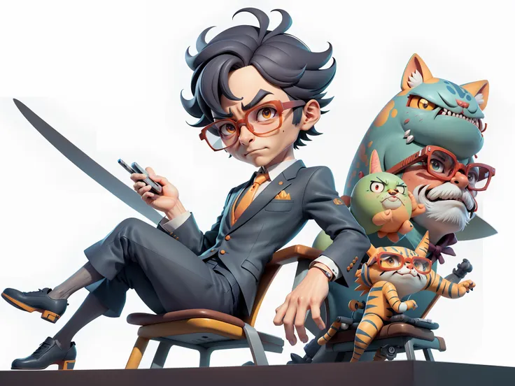 a young man in a suit, short hair and glasses sat at his desk，holding laptop，digitial painting，tigre，3d character design by mark...