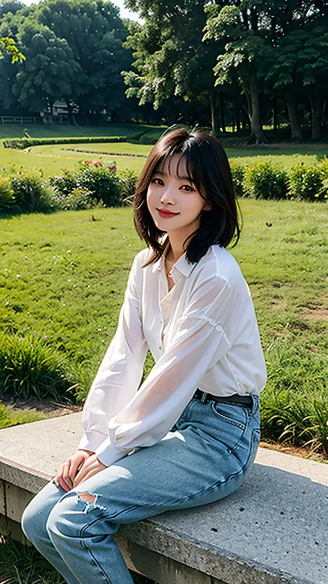 Full body photo of pretty woman。Agricultural attire。Park Gyu-young、The inner shirt is white。Pants Denim Jeans。Wearing boots。Sitting on a bench。Hair is black。cheeks are slightly pink。Transparent skin。A smile that makes you feel innocent、Engage your audience...