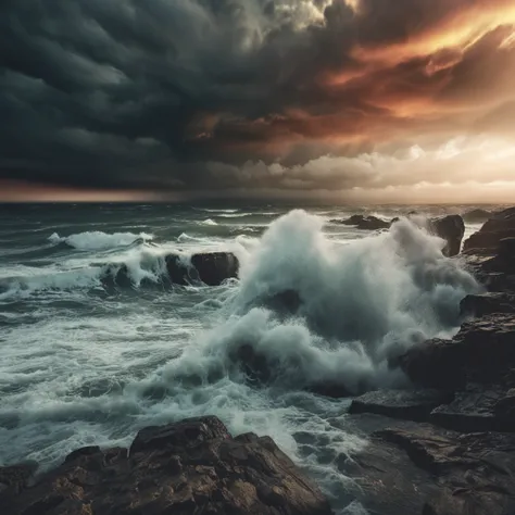 A turbulent storm raging over a vast expanse of ocean, the waves crashing against the rocky shoreline.