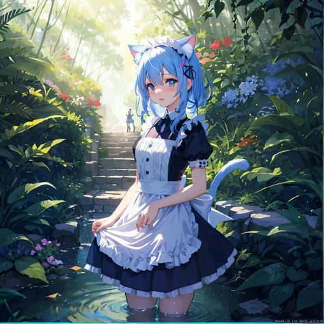 Anime girl in the garden with a cat, a maid in a magical forest, a sexy maid in a magical forest, Very beautiful anime cat girl, beautiful anime catgirl, anime cat girl in a maid costume, anime girl with cat ears, anime moe art style, Rem Rezero, Also, tre...