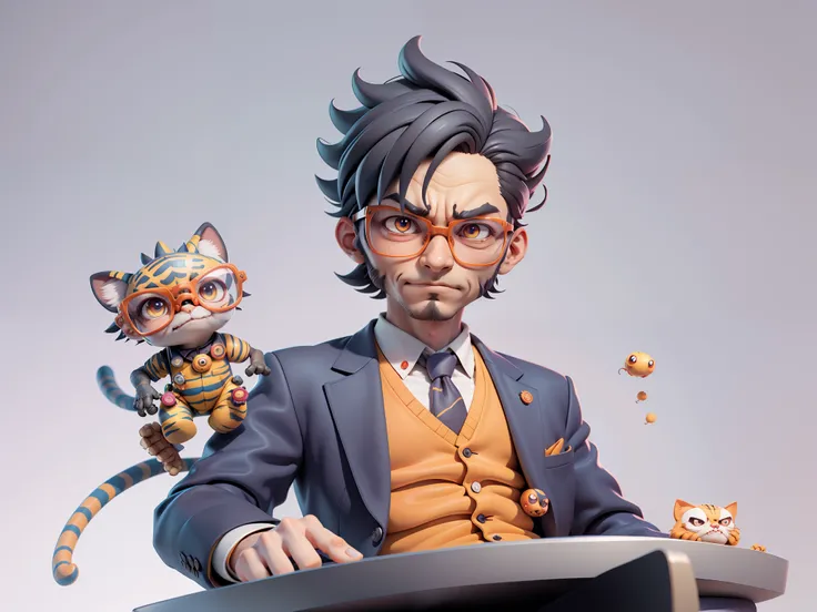 A young man in a suit, Short hair and glasses sat at his desk，holding laptop，digitial painting，tigre，3D character design by Mark Clairen and Pixar and Hayao Miyazaki and Akira Toriyama，4K HD illustration，Very detailed facial features and cartoon-style visu...