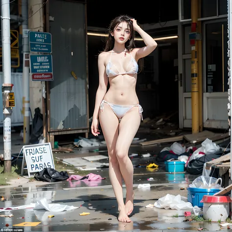 abandoned building，Garbage all over the ground，grimy，full-body portraits，Sexy standing pose，White transparent sexy bikini，Slim legs，very beautiful long slim legs，The barefoot，Naked all over the body，exhibitionists，The body is exposed randomly