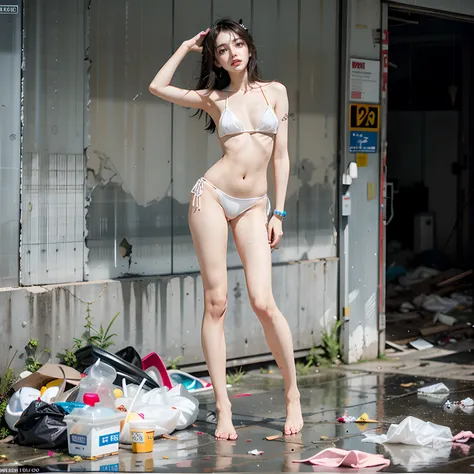 abandoned building，Garbage all over the ground，grimy，full-body portraits，Sexy standing pose，White transparent sexy bikini，Slim legs，very beautiful long slim legs，The barefoot，Naked all over the body，exhibitionists，The body is exposed randomly