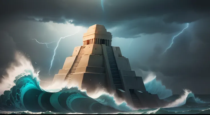 story with several pictures of a ziggurat in the middle of the sea in a storm, cidade submersa pelo mar