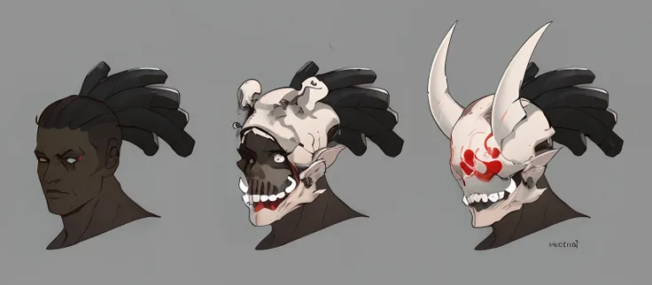 Three different visions of a man with a skull and a demons head, arte headshot conceito, arte conceitual do headshot do personagem, game characters head designs, 2 d concept art head macro shot, conceito de pele, arte conceitual, estilo de arte conceitual,...