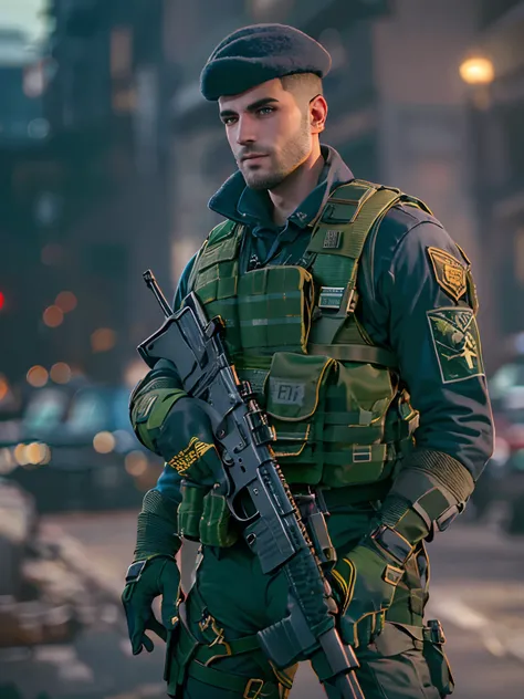 Soldado arafed con una pistola y una boina de pie en una calle, Arte conceptual como Ernest Khalimov, Soldado robusto, Soldado cyberpunk, soldado, Soldado futurista, soldados realistas, dressed in tactical armor, Militar, Wojtek FUS, Arte militar, Irreal 5...