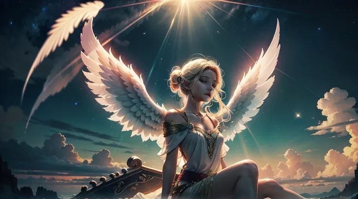 the angel must have a serene and majestic appearance, with bright white wings extending backwards. your features should convey a...