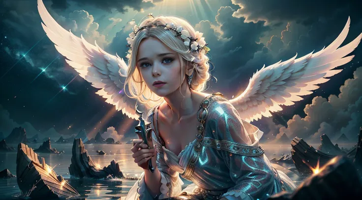 the angel must have a serene and majestic appearance, with bright white wings extending backwards. your features should convey a...