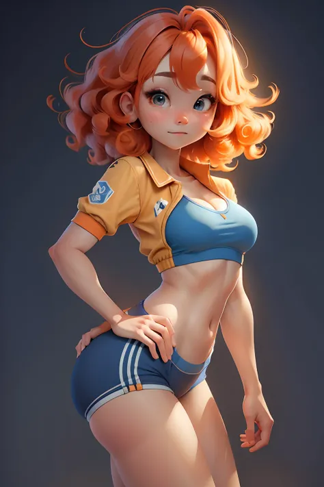 Masterpiece, Best quality, 8K, Cinematic light, 超高分辨率, tchibi,simplebackground, 1girll,full bodyesbian,Americans，curlies，Orange hair，athlete，blue clothes