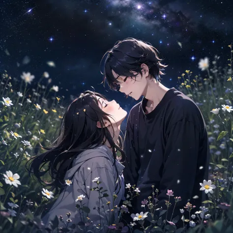 She and he lay face down in a field full of highland flowers,、Looking up at the night sky.、Maybe its because its cold., Their breath looks pale white.、The light source is a star in the night sky々Light only、She suddenly turns to him and blushes、A shooting s...