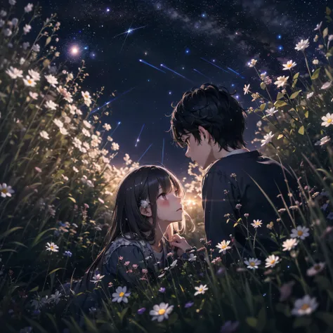 She and he lay face down in a field full of highland flowers,、Looking up at the night sky.、Maybe its because its cold., Their breath looks pale white.、The light source is a star in the night sky々Light only、She suddenly turns to him and blushes、A shooting s...