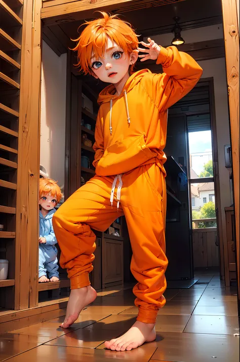 1 little boy with orange colored hair and shiny, glowing cyan eyes and barefoot and small feet, who wear a yellow oversized hood...