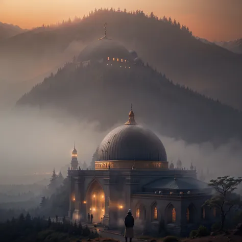 a man in front of mosque building, hight tower, golden dome, epic, fog, dawn, dramatic lighting, dim light, mountain, forest, cl...