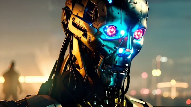 hay un hombre parado junto a un robot con ojos verdes, un adolescente cyborg biopunk, still from the movie terminator, cyborgs a...