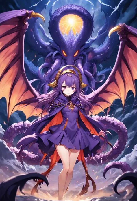 cephalopod, purple scaled tentacles, feathered wings, purple cloak and hood, golden horns, riding on a dragon, Fallen angel and duke of hell, masterpiece, Best Quality