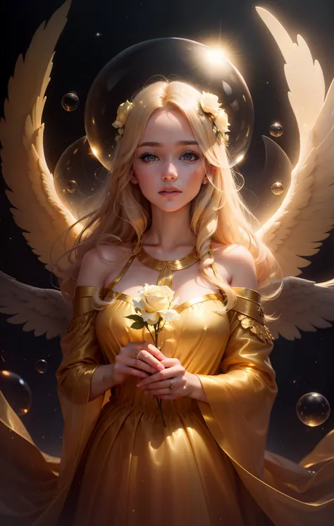 in a golden transparent glass bubble, dark stary background, beautiful blond 30-years-old angel with Rose of Sharon, 64k resolution hyperdetailed