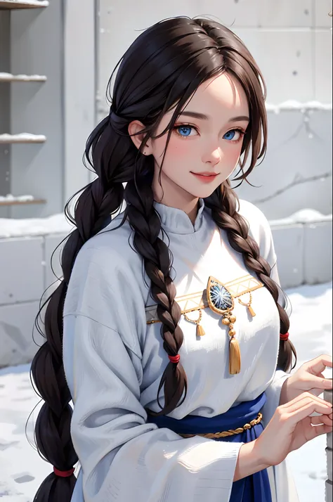 (masterpiece:1.2, best quality), (real picture, intricate details), 1lady, solo, upper body, casual, long hair, minimal makeup, natural fabrics, close-up face, smile, cold, snow, beautiful woman, long dark brown hair, long braids, two long braids, tan skin...